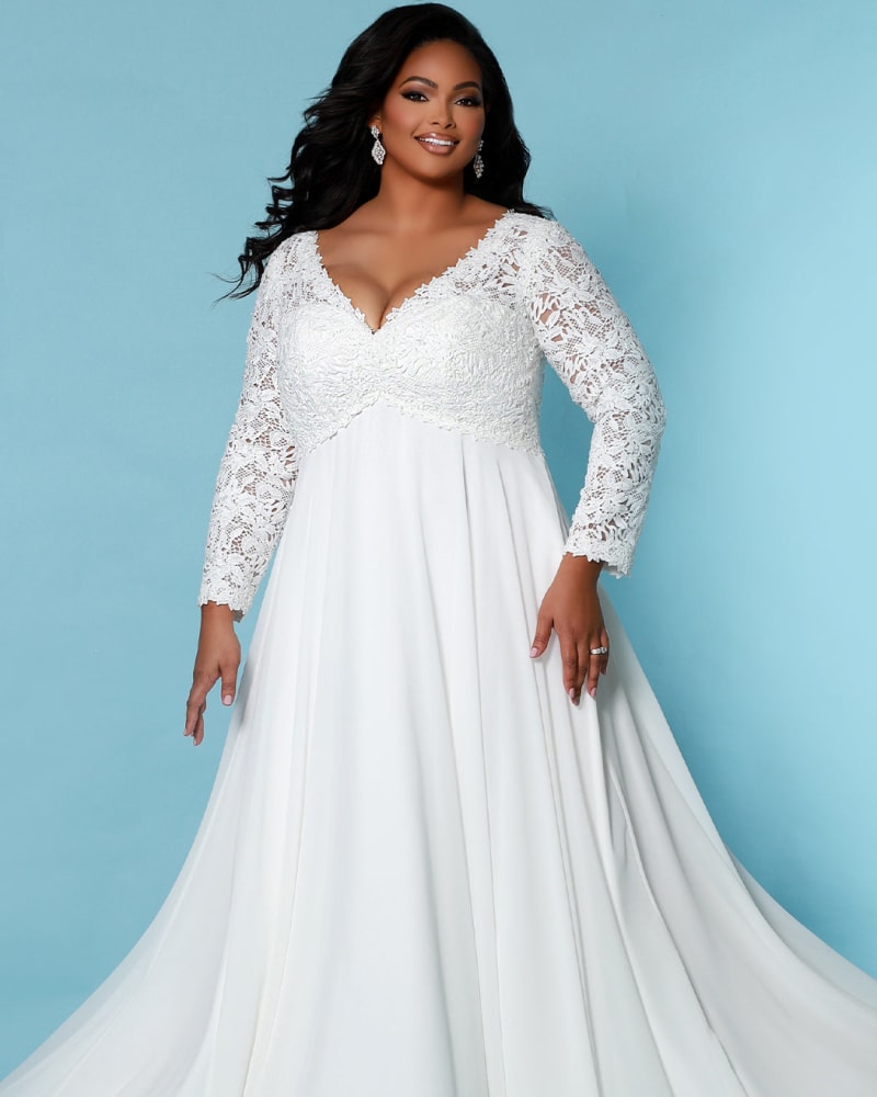 Front of a model wearing a size 30 Joy Wedding Dress in Ivory by Sydney's Closet. | dia_product_style_image_id:286781